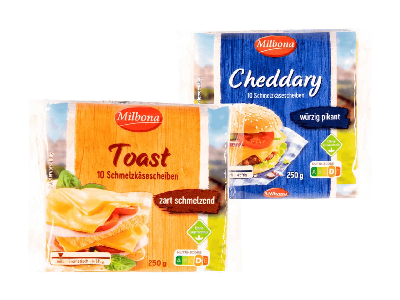 Zwei Packungen Schmelzkäse von Hochland: Toast und Cheddar.