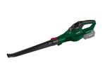 A green and black cordless leaf blower with a battery pack on a white background.