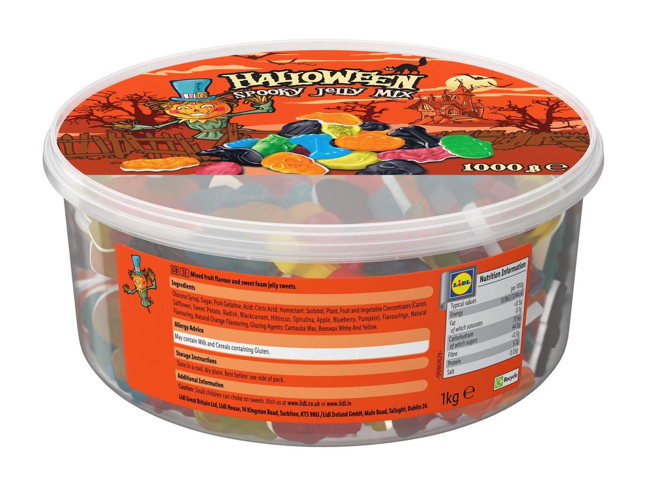 A 1kg tub of Halloween spooky jelly mix sweets with a colorful illustrated lid.