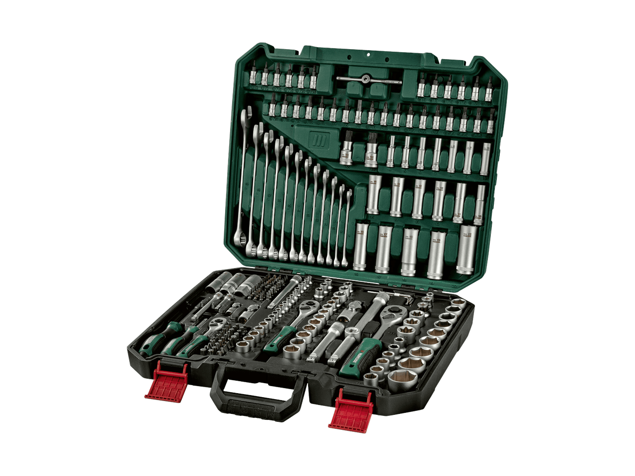 Set di chiavi e bussole in una custodia verde, con cricchetti e inserti.