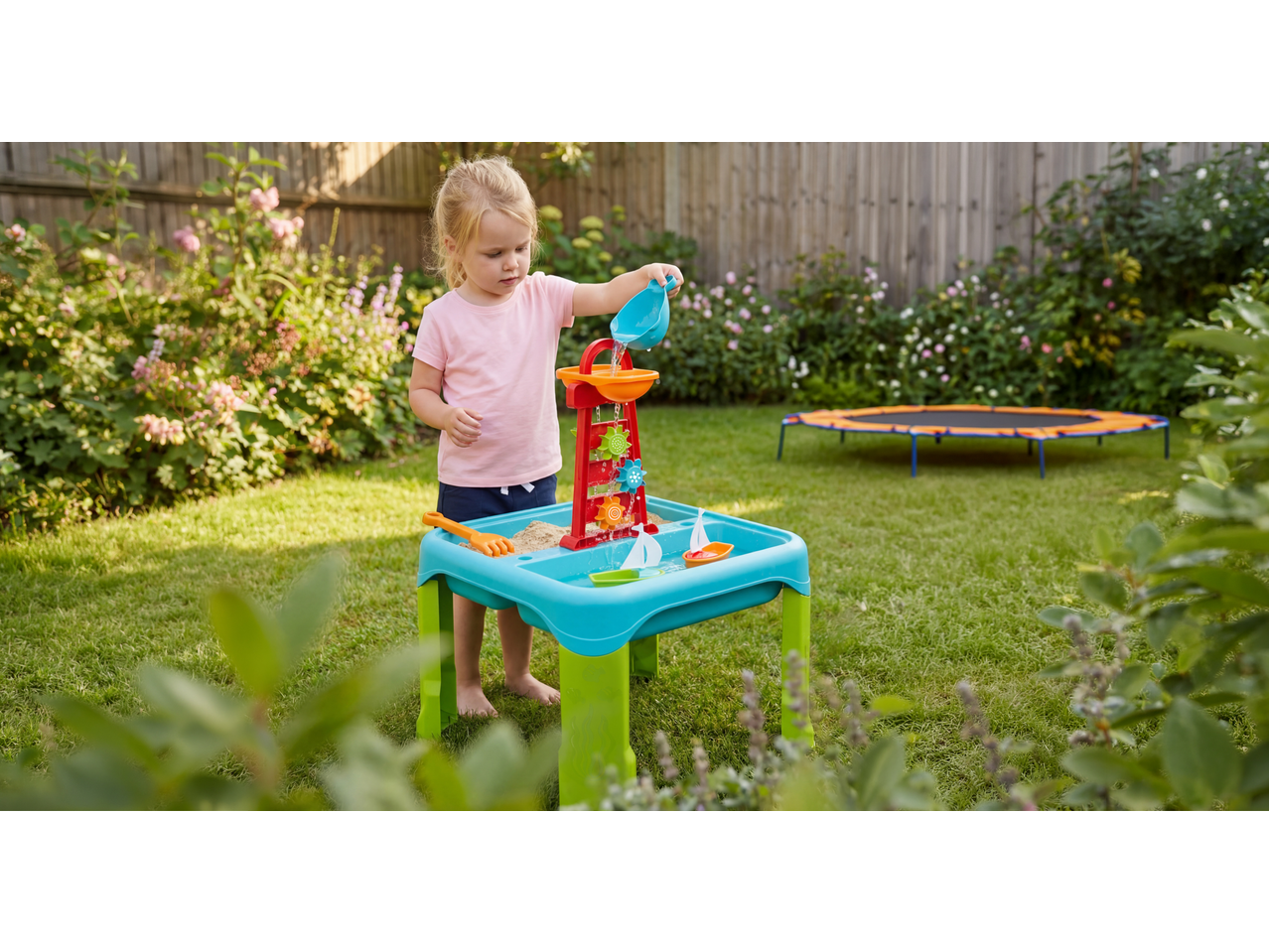 A child plays with a Lupilu Sand and Water Activity Table in a garden with a trampoline.