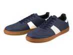Pair of blue sneakers with white stripes and brown soles.