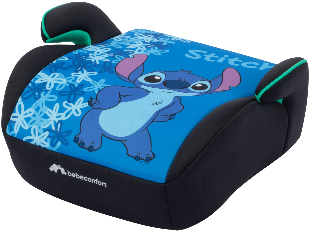 Bebeconfort Stitch booster seat with blue Stitch character and floral pattern.