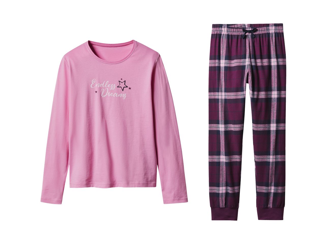 Pink long-sleeve pajama top with 'Endless Dreams' text and plaid pajama pants.