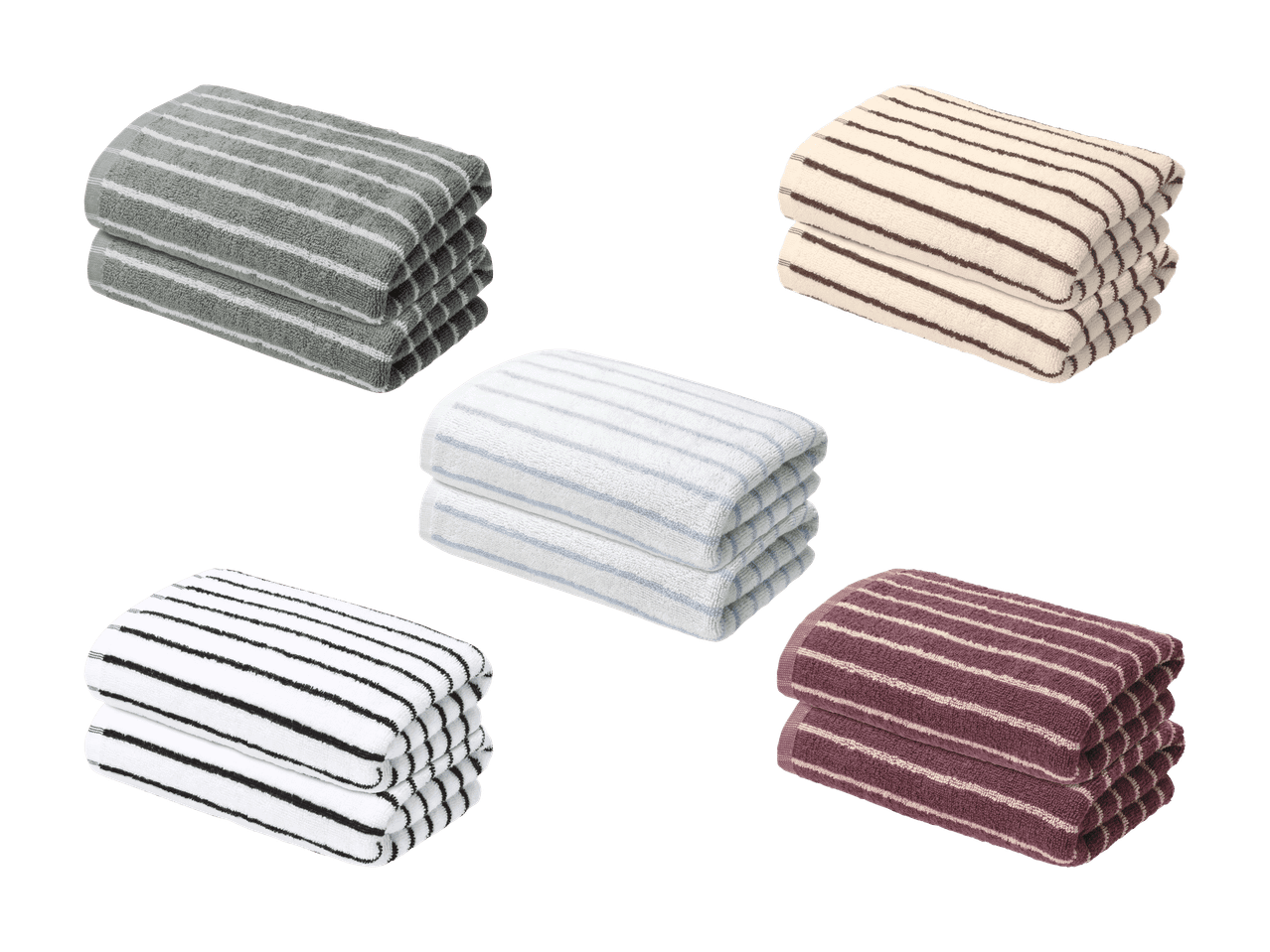 Cinq piles de serviettes rayées de différentes couleurs : gris, beige, blanc, bleu clair et violet.
