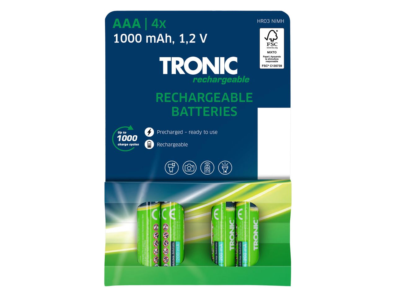 Tronic AAA újratölthető elemek, 4 darabos csomagban, 1000 mAh kapacitással.