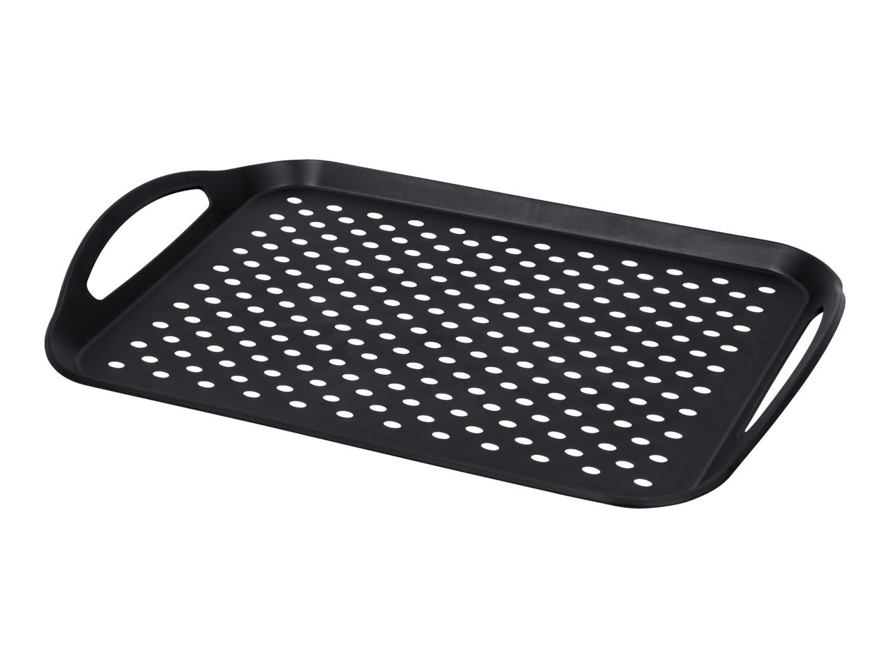 Black rectangular grill basket with perforated surface and handles