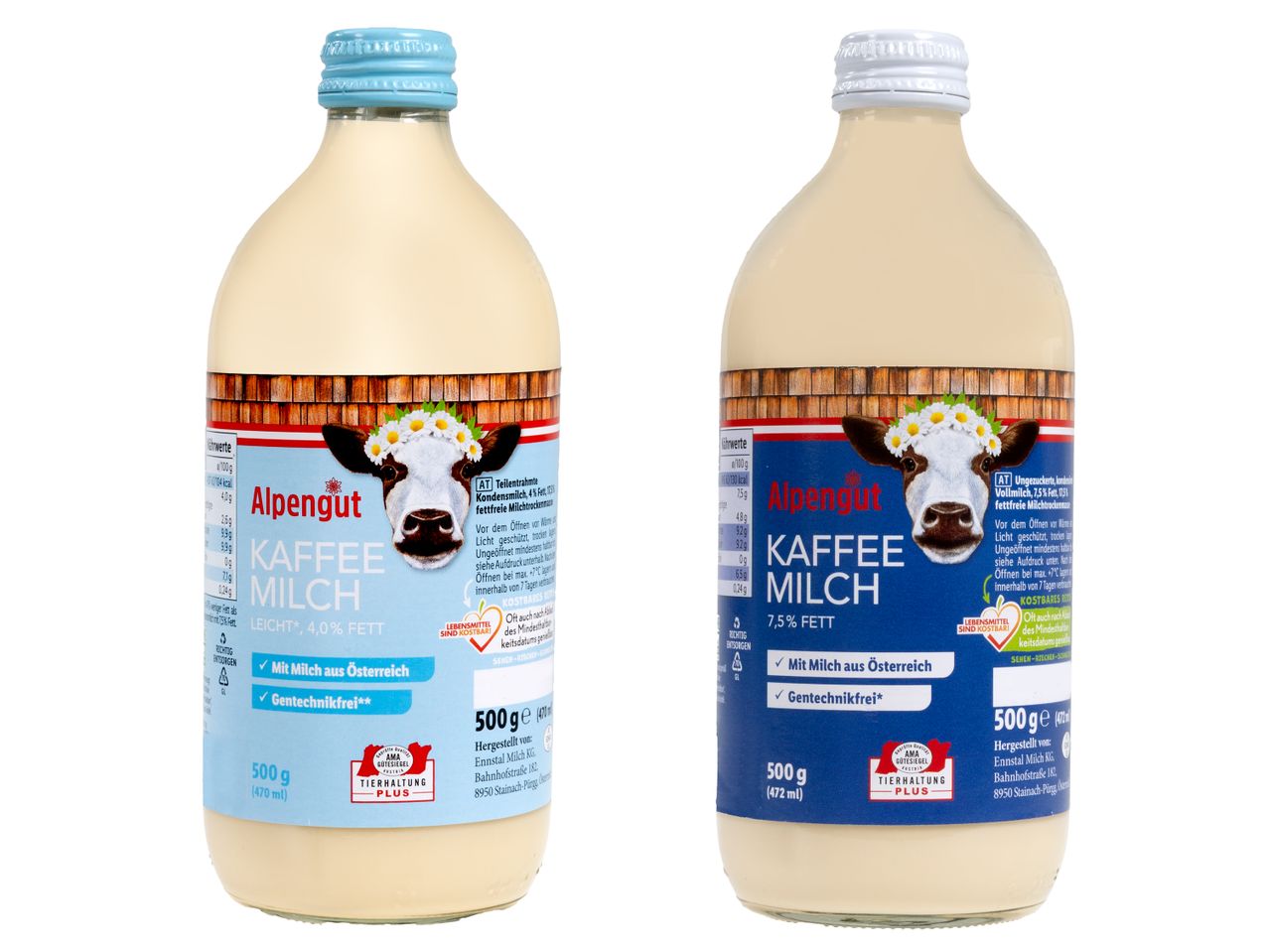 Zwei Flaschen Alpengut Kaffeemilch, eine mit 4,0% Fett und eine mit 7,5% Fett.