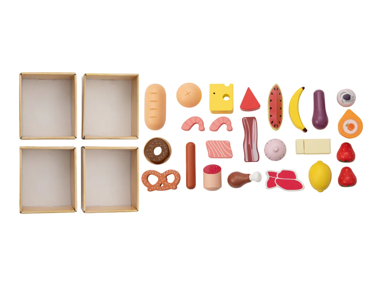 Wooden play food set with various items like bread, cheese, fruit, meat, and four empty boxes.
