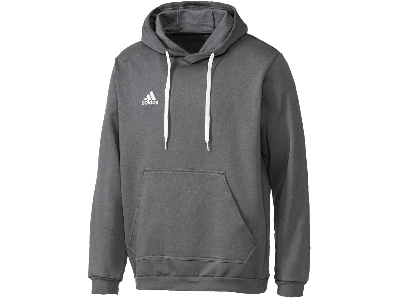 Grijze Adidas hoodie met witte trekkoorden en kangoeroezak.