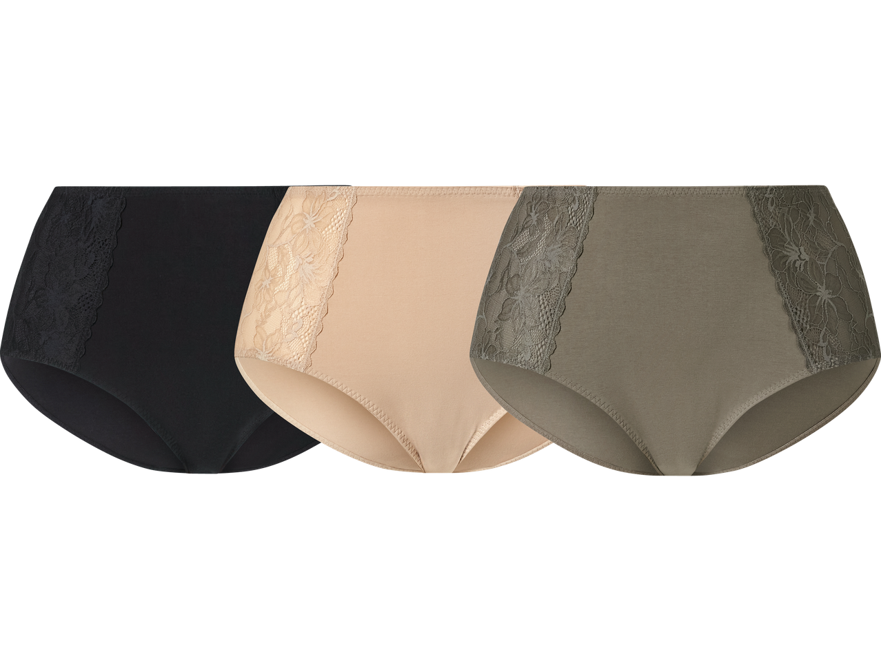 Tre par damtrosor i svart, beige och olivgrön med spetsdetaljer.