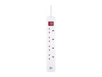 White power strip with six sockets, a red power switch, and two USB ports.