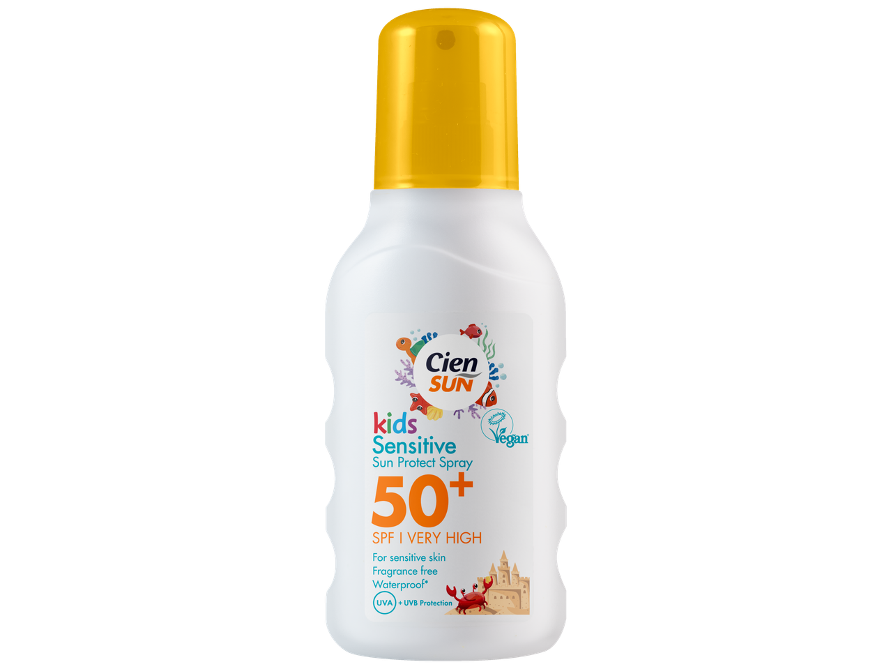 Spray de protecție solară pentru copii, SPF 50+, cu protecție UVA + UVB, fără parfum, rezistent la apă și vegan.