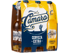 Zespack Camaró Extra Cerveza bierflesjes in een geel-blauwe doos.