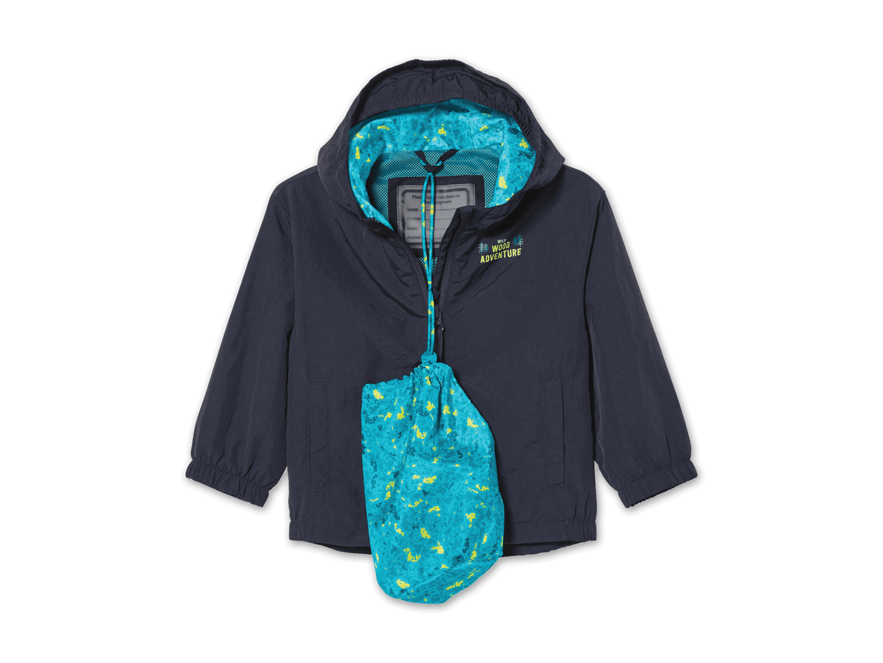 Dunkelblaue Kinderjacke mit Kapuze und einem Beutel mit blau-gelbem Muster.