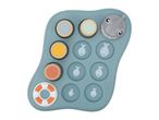 Blue silicone baby toy with colorful wooden buttons, a shark, and fish shapes.