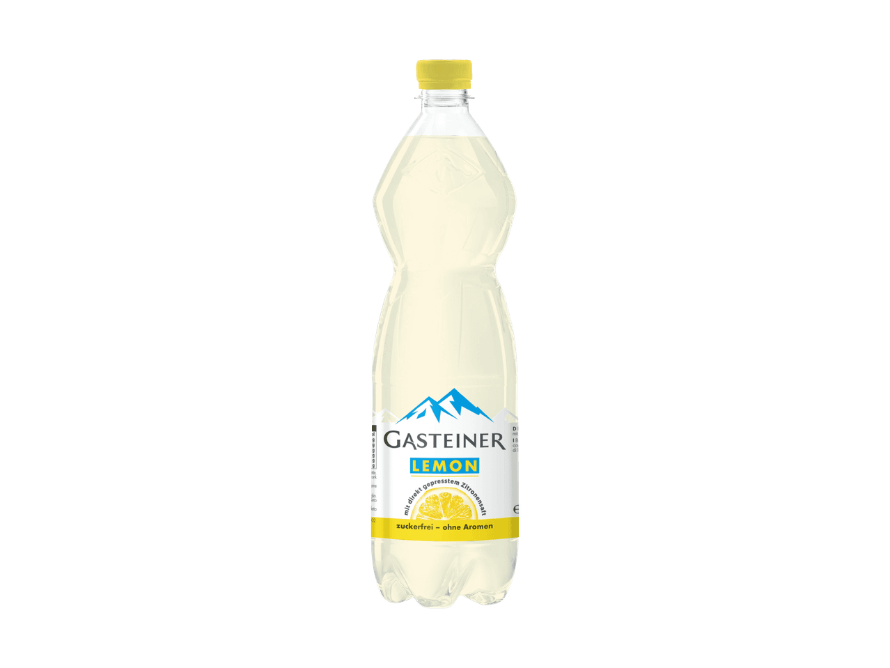 Eine Flasche Gasteiner Lemon Limonade mit gelbem Deckel und Etikett.