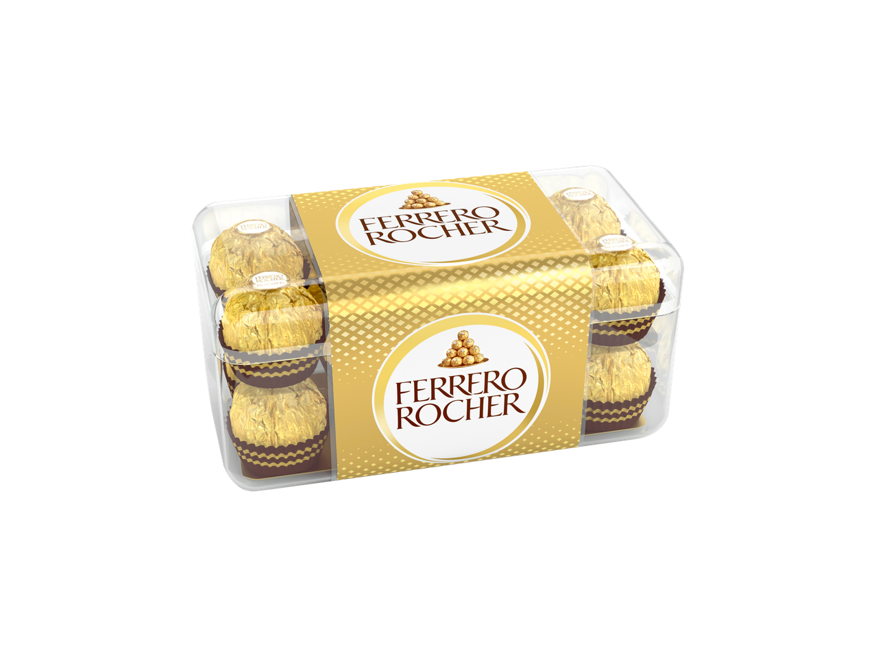 Une boîte en plastique transparent de chocolats Ferrero Rocher, avec des emballages et des étiquettes dorés.