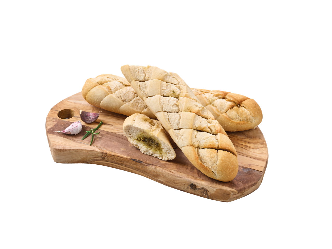 Küüslaugu ja rosmariiniga bagette puuplaadil.