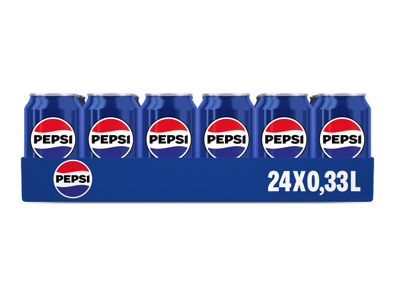 Een sixpack blikjes frisdrank in een blauwe verpakking met een logo en de tekst '24X0,33L'.