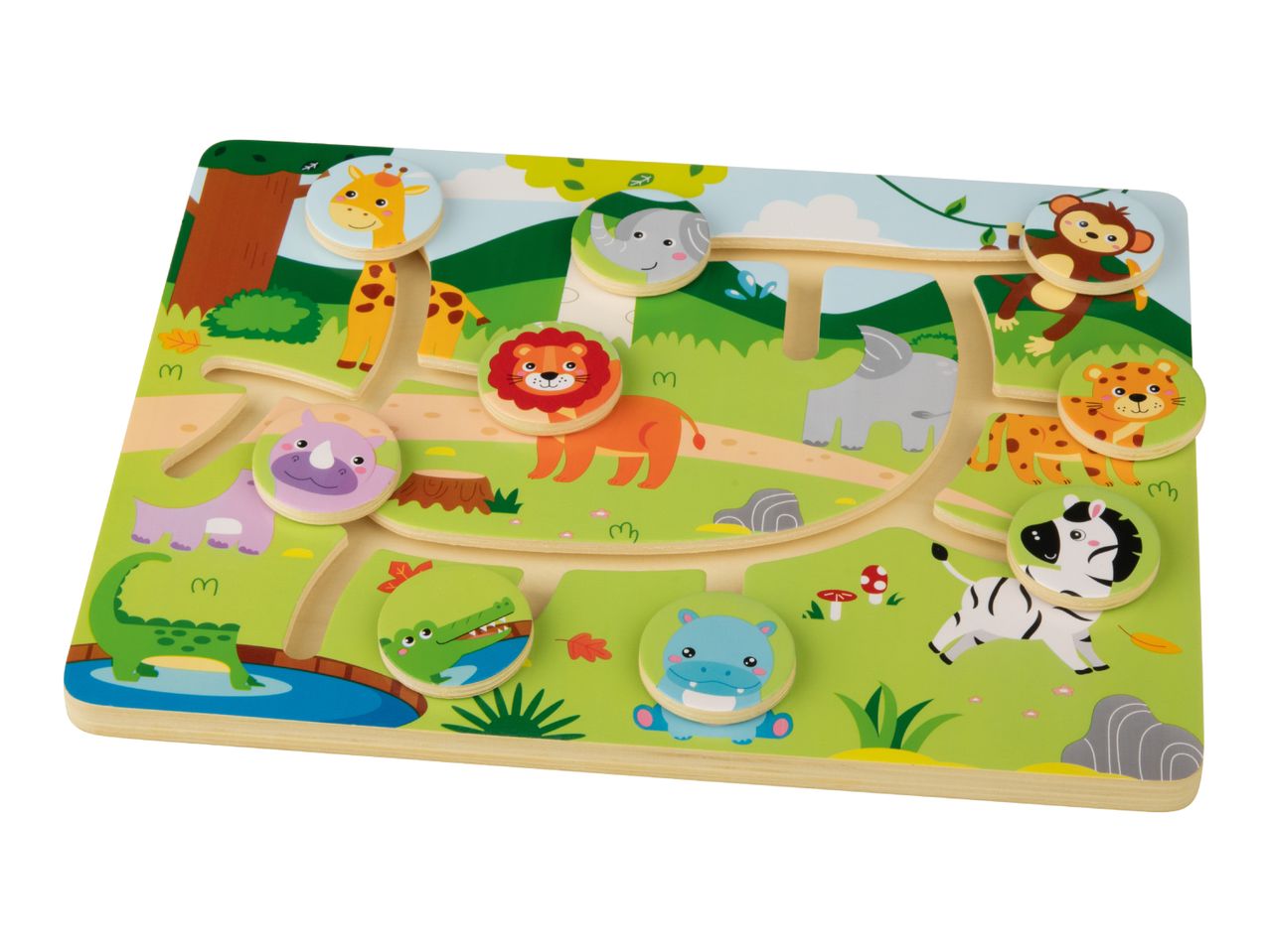 Wooden safari animal maze puzzle with giraffe, elephant, lion, and other animals.