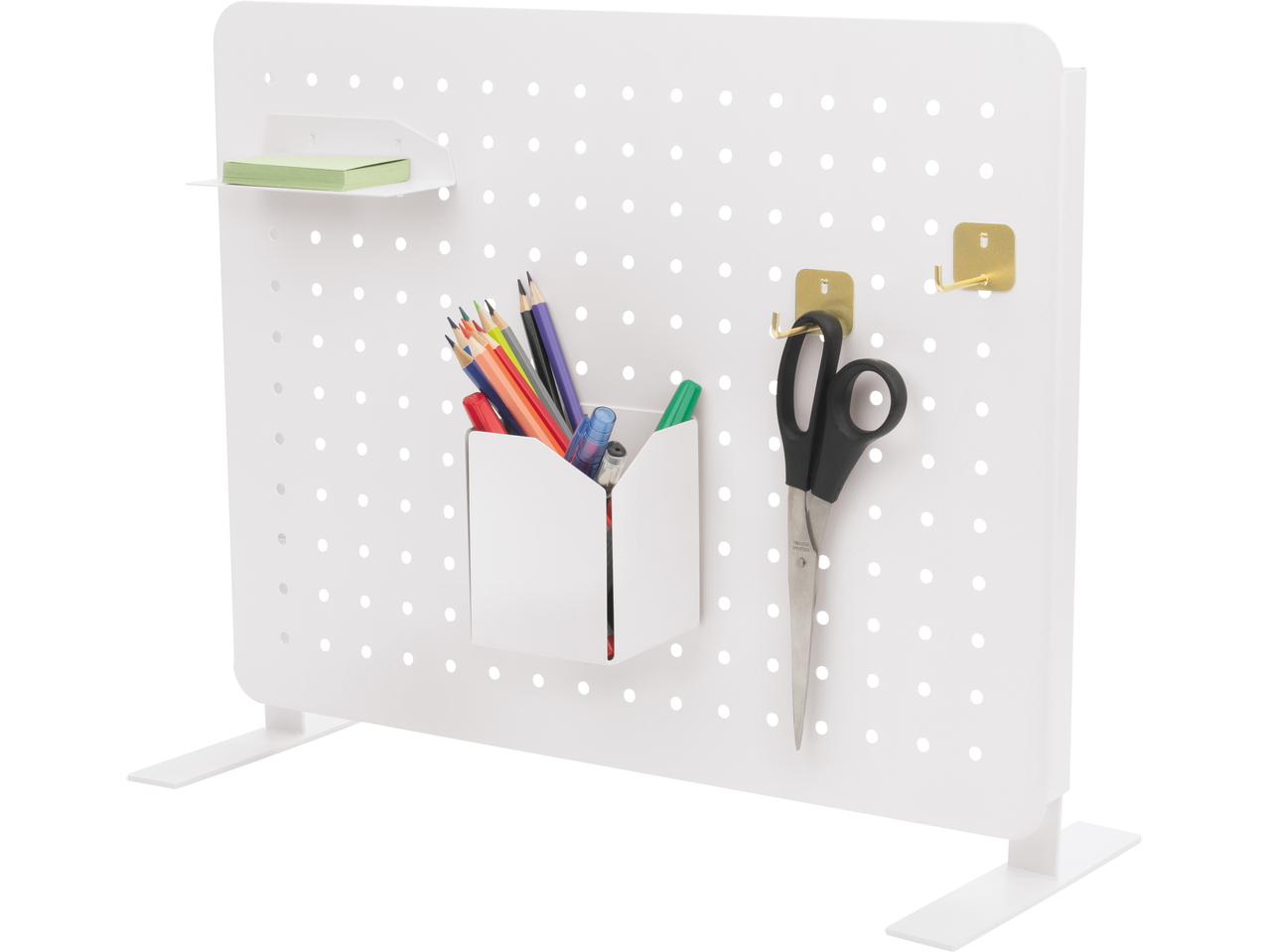 crelando® perforēts dēlis ar zīmuļu turētāju, šķērēm un lapiņām.