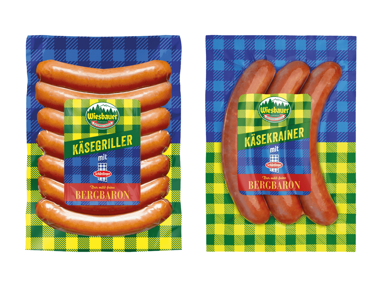 Zwei Packungen Wiesbauer Würstchen: Käsegriller und Käsekrainer, beide mit Schärdinger Bergbaron.