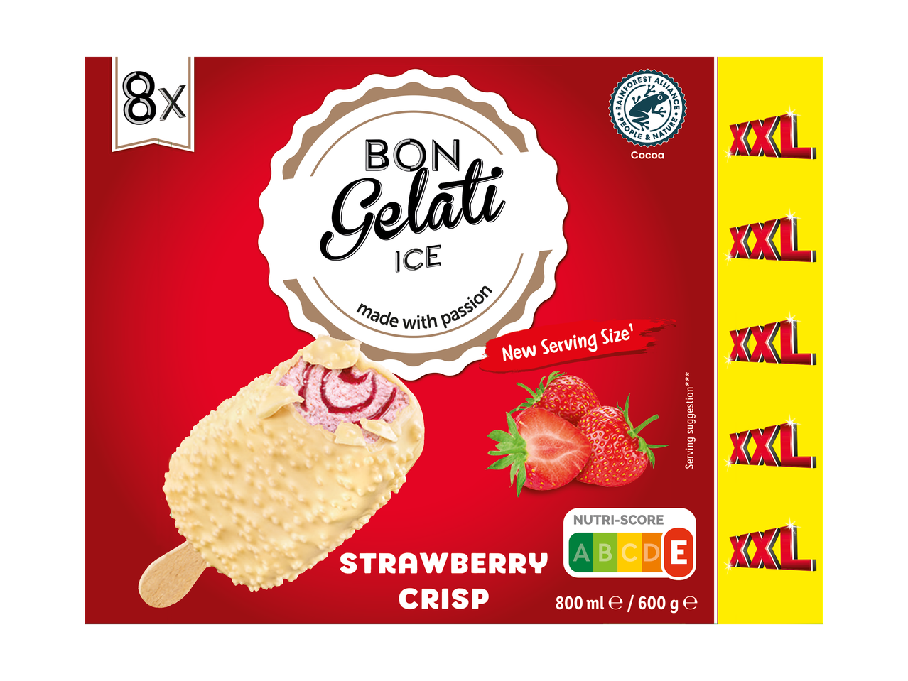 Bâtonnets de glace croustillants à la fraise avec un Nutri-Score E, 800ml/600g, pack de 8.