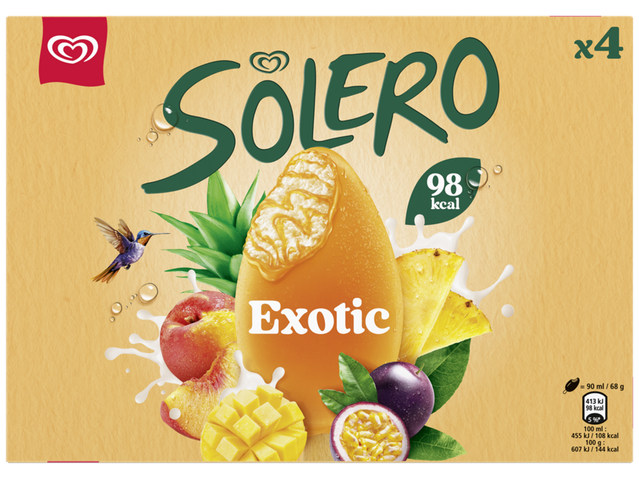 Boîte de 4 bâtonnets glacés exotiques, avec des fruits comme l'ananas, la mangue et le fruit de la passion.