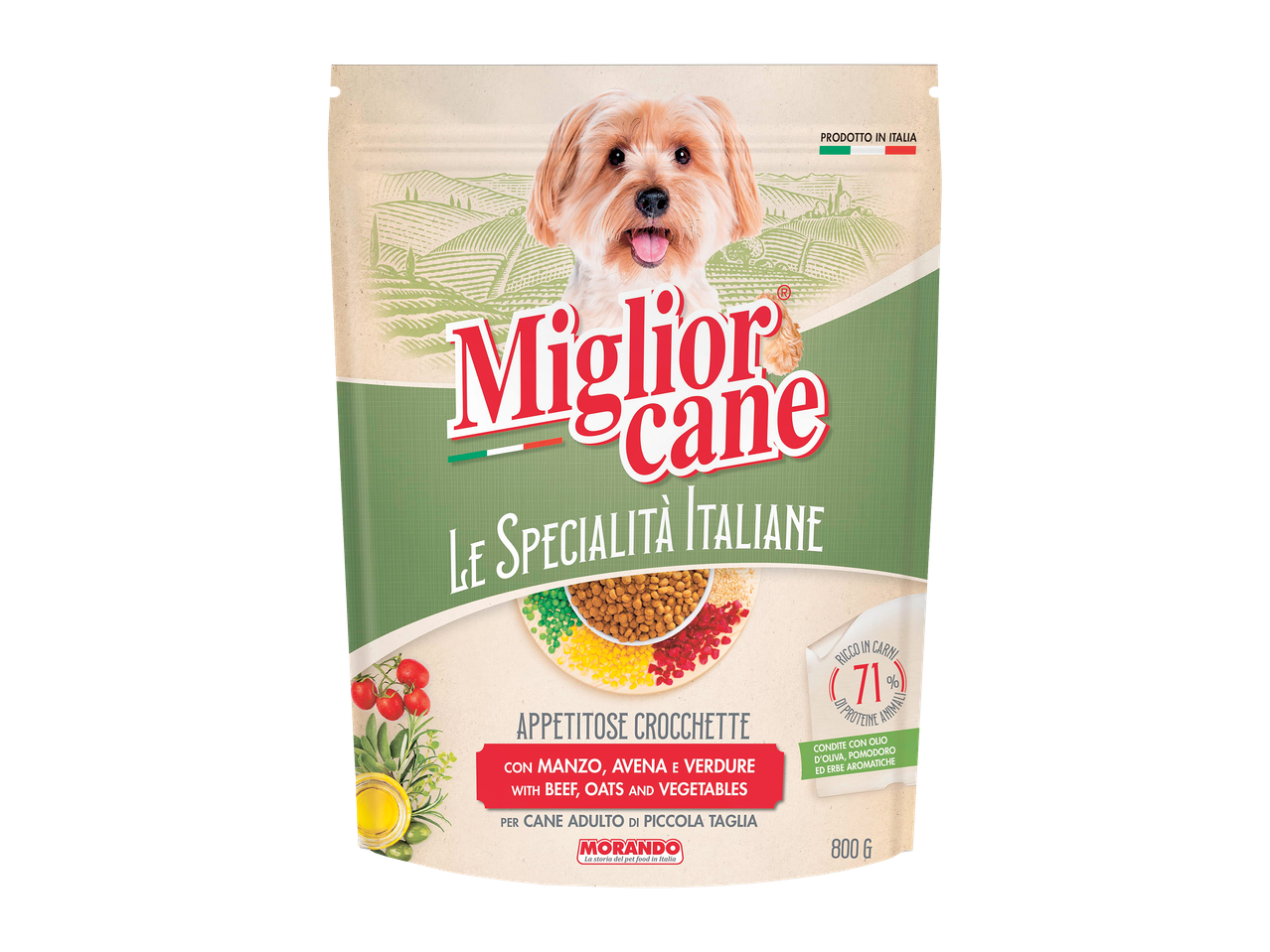 Pachet de hrană pentru câini cu carne de vită, ovăz și legume, pentru câini adulți de talie mică.