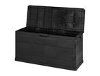 Open black plastic storage box with a textured surface, ideal for outdoor use.
