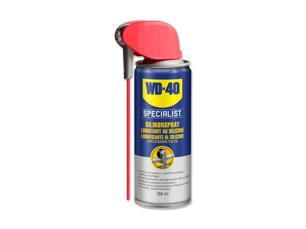 Eine Dose WD-40 Specialist Silikonspray mit rotem Sprühkopf.