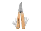Multi-tool with wooden handles and various implements, including pruning shears.