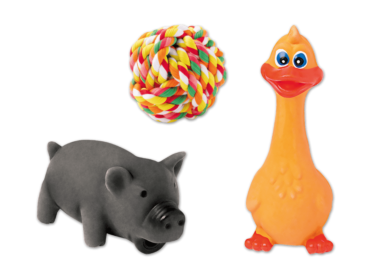 Spielzeugset für Haustiere: ein bunter Seilball, ein Quietsche-Schwein und eine Quietsche-Ente.