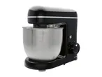 Black and silver stand mixer with a stainless steel bowl.