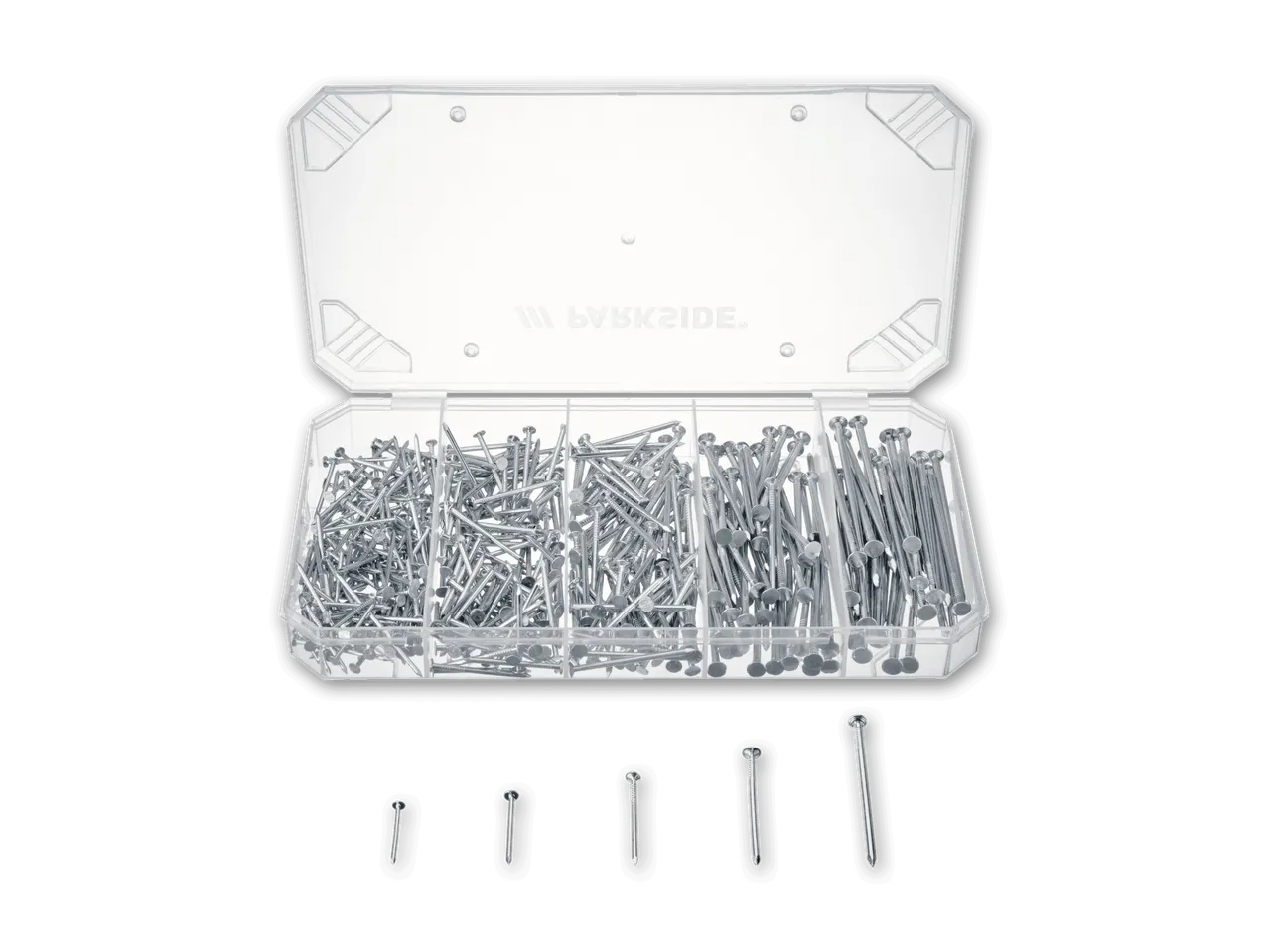 Eine durchsichtige Box mit Nägeln von Parkside.