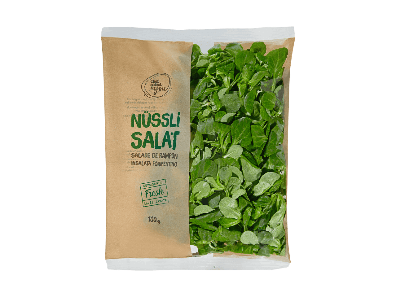 Frische, gewaschene 100g Feldsalat in einer Packung.
