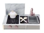 Toy kitchen with marble-effect countertop, hob, sink, pot, and wooden utensils.