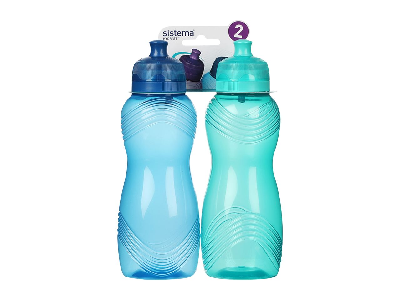 Two blue and teal water bottles with textured grips, packaged together.