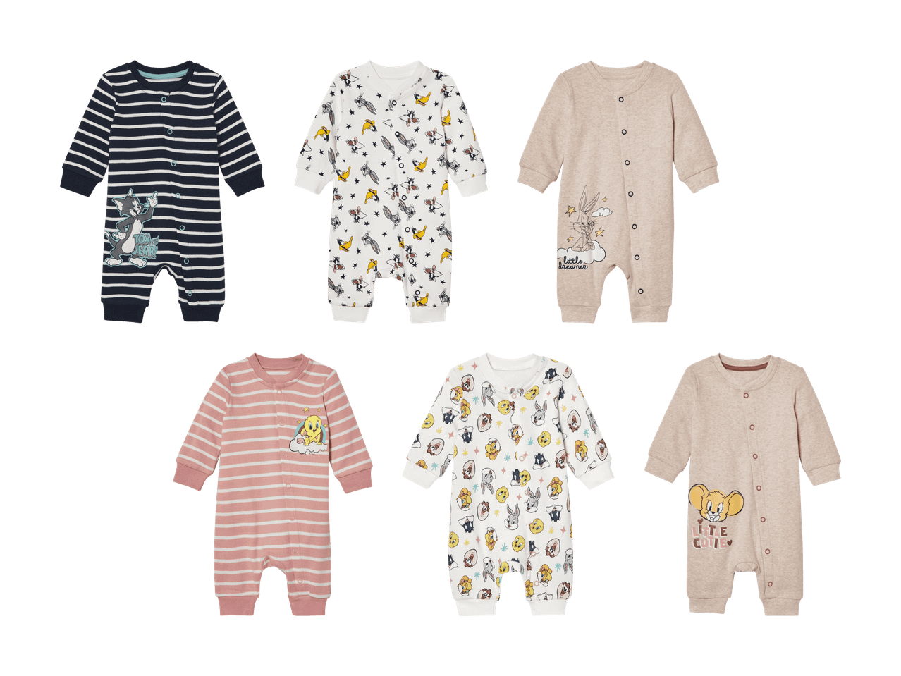 Sechs Baby-Strampler mit Tom & Jerry, Looney Tunes und Tweety Motiven.