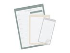 Weekly planner, to-do list, and notes pad in muted green, beige, and grey.