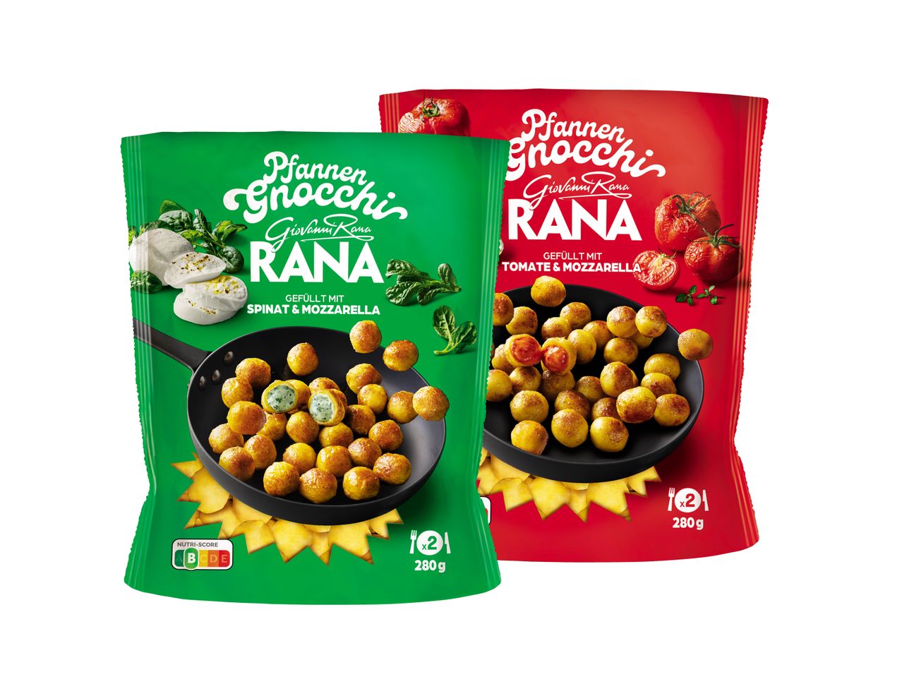 Giovanni Rana Pfannengnocchi mit Spinat & Mozzarella und Tomate & Mozzarella.