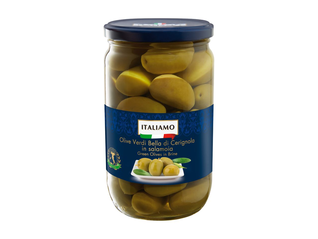Kozarček zelenih oljk BelGioioso v oljčnem olju.