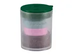 A clear container with a green lid, holding stacks of circular abrasive discs in brown, pink, and blue.