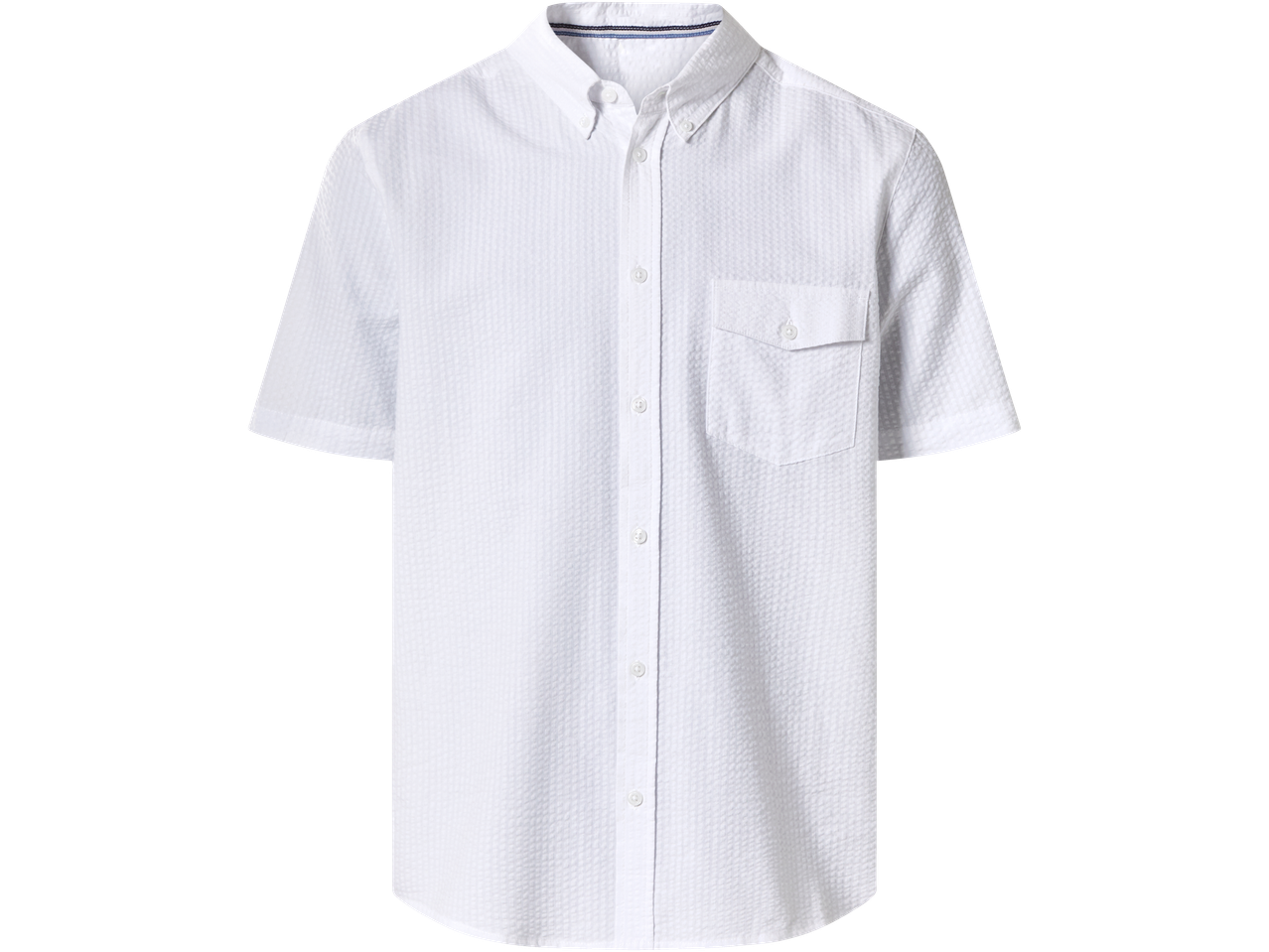 White short-sleeved button-down shirt with a textured fabric and a chest pocket.