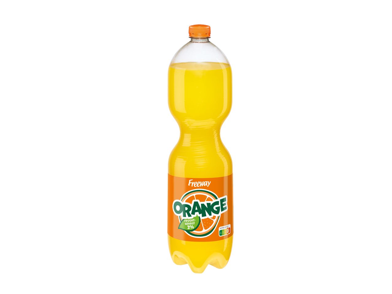 Flasche mit orangefarbenem Erfrischungsgetränk, beschriftet mit „Orange“ und „Fruchtgehalt 3%“.