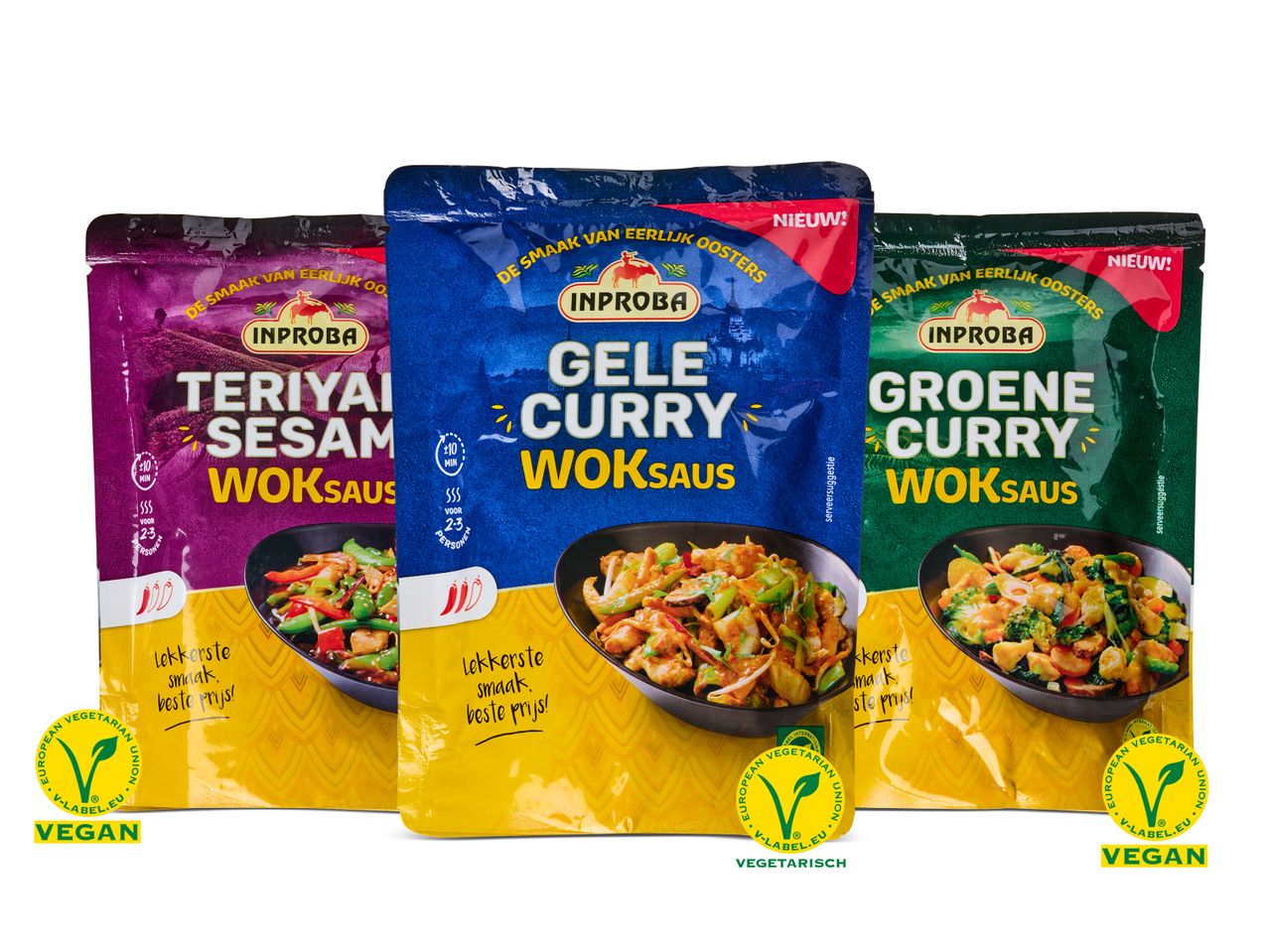 Inproba woksauzen: gele curry, groene curry en teriyaki sesam.
