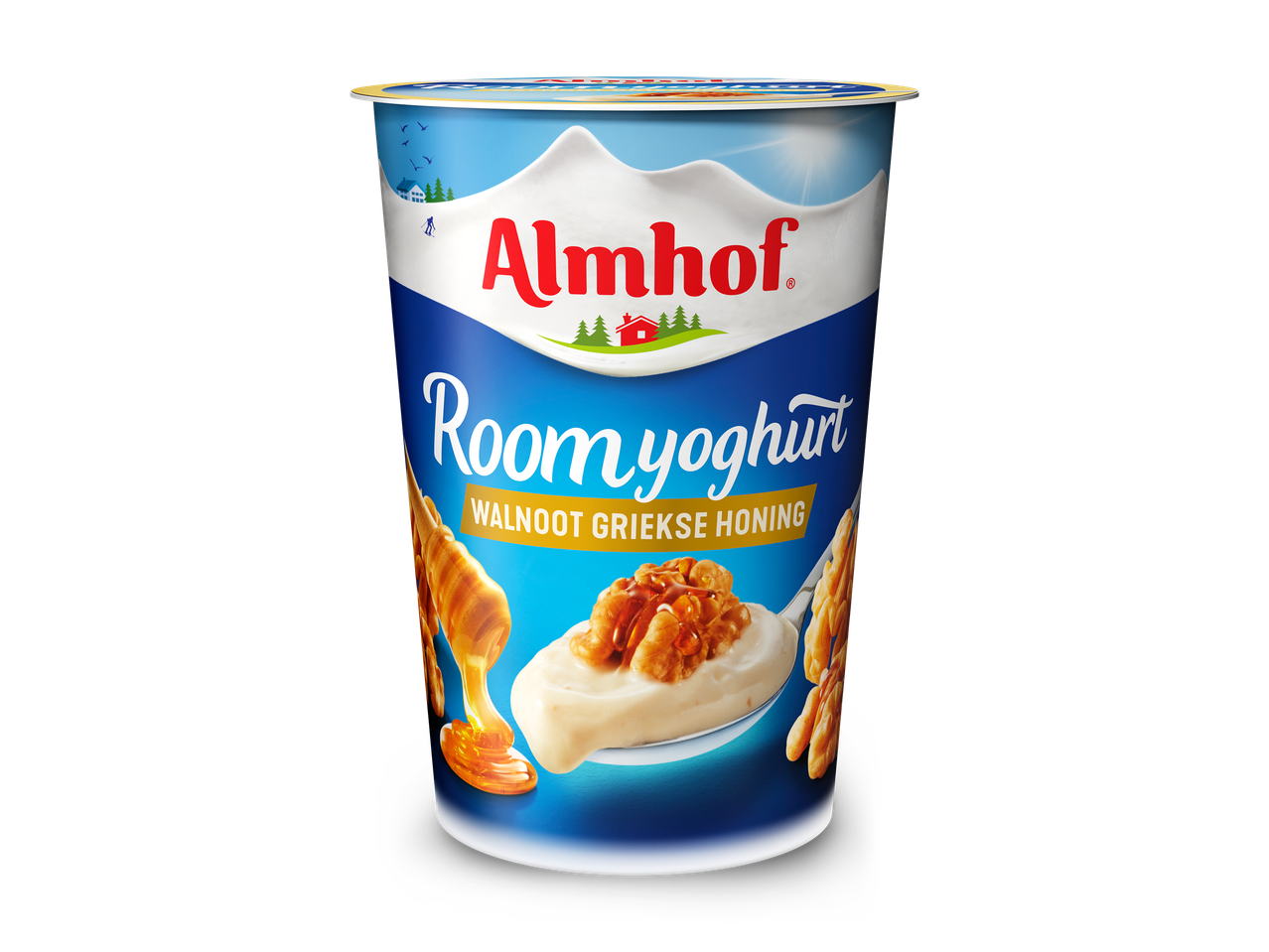 Yoghurtbeker met walnoot Griekse honing smaak, met een lepel yoghurt, walnoten en honing.