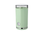 Moedor de café elétrico verde menta com tampa transparente e botão prateado.
