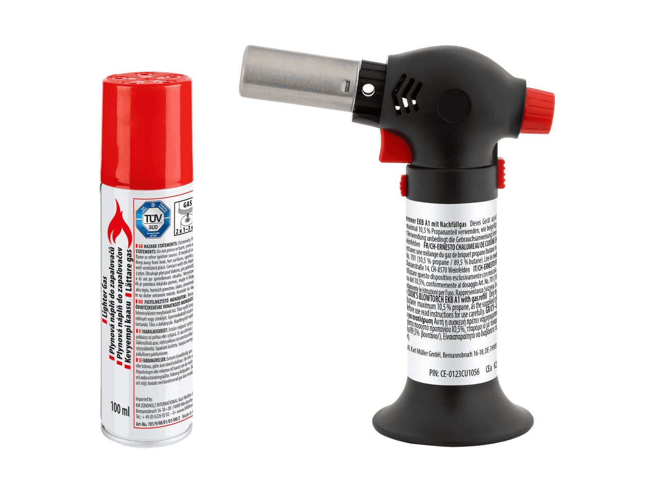 Bouteille de gaz butane et chalumeau de cuisine avec étiquettes d'avertissement.